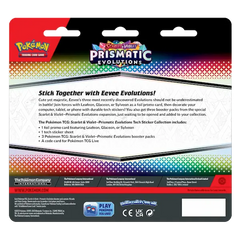"Pokémon Prismatic Evolutions product back met Eevee's evoluties en details van de stickercollectie."