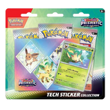 "Pokémon Prismatic Evolutions Tech Sticker Collectie met Leafeon, Eevee en drie boosterpakketten."