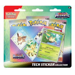 "Pokémon Prismatic Evolutions Tech Sticker Collectie met Leafeon, Eevee en drie boosterpakketten."