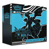 Boîte d'élite Pokémon Bolt Noir avec un design saisissant, présentant des éléments artistiques de Écarlate et Violet pour les collectionneurs de JCC.