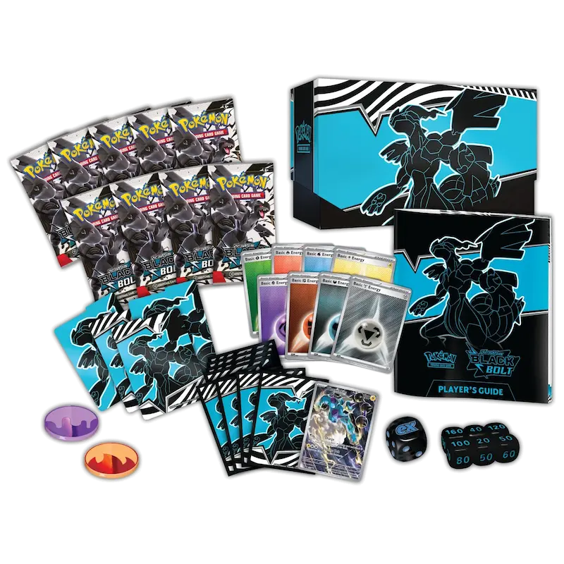 Boîte d'élite Black Bolt avec 9 boosters Pokémon, guide du joueur et accessoires de jeu pour Écarlate et Violet.