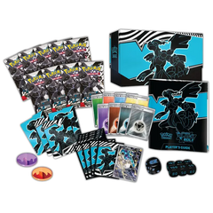 Boîte d'élite Black Bolt avec 9 boosters Pokémon, guide du joueur et accessoires de jeu pour Écarlate et Violet.