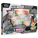 "Pokémon Black Bolt & White Flare Victini Illustration Collection box met booster packs en zeldzame kaarten."