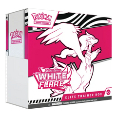 Pokémon White Flare Elite Trainer Box showcasing Scarlet & Violet design with graphic art and booster pack details.