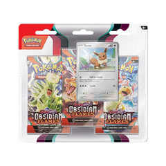 Pokémon SV03 Obsidian Flames 3-Pack with Eevee card and blister packaging for trading card game.