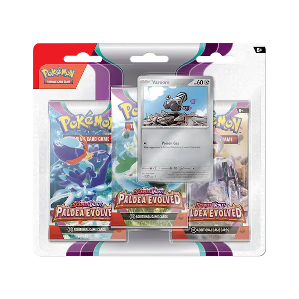 Pokémon SV02 Paldea Evolved Blister 3 paquets avec Varoom et trois boosters.