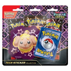 Paldean Fates Tech Sticker Collection featuring Pokémon cards and shiny characters for collectors.
