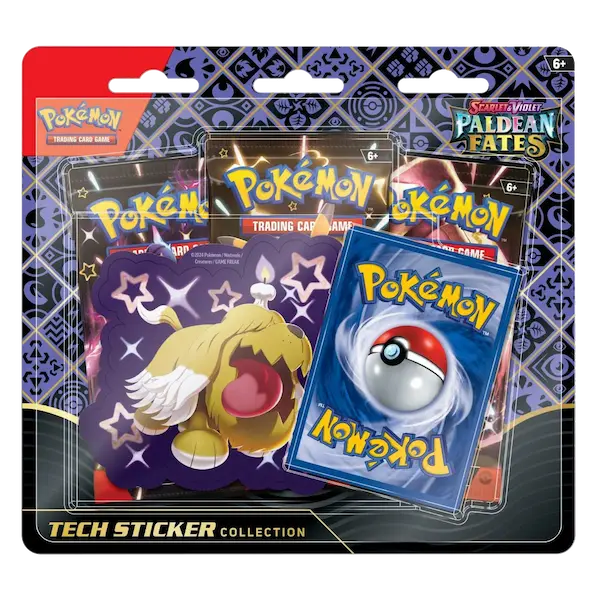Pokémon SV04.5 Paldean Fates Tech Sticker Collection featuring Shiny Pokémon and trading card packs.