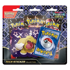 Pokémon SV04.5 Paldean Fates Tech Sticker Collection featuring Shiny Pokémon and trading card packs.