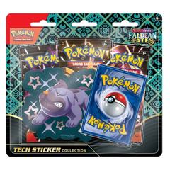 Pokémon SV04.5 Paldean Fates Tech Sticker Collection featuring trading cards and a sticker of a Pokémon.