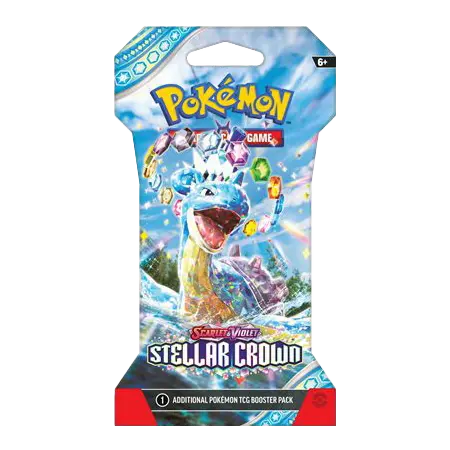 Booster pack sous pochette Pokémon SV07 Couronne Stellaire, avec des illustrations vibrantes et 10 cartes à collectionner.
