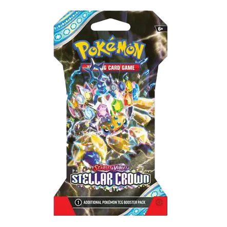 Booster pack sous blister Pokémon Couronne Stellaire avec des gemmes colorées et des paillettes du set SV07.