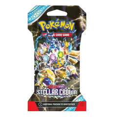 Booster pack sous blister Pokémon Couronne Stellaire avec des gemmes colorées et des paillettes du set SV07.