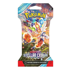 <alt>
Paquet de boosters Pokémon TCG Couronne Stellaire avec des illustrations vibrantes et des gemmes colorées, faisant partie de l'extension SV07.
</alt>