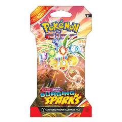 Booster Pack "Surging Sparks" avec art Pokémon et cristaux vibrants, faisant partie de la série Écarlate et Violet.