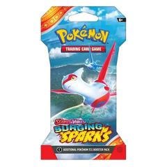 Plaquette de booster Pokémon Surging Sparks sous blister pour le JCC Écarlate et Violet avec de magnifiques designs de cartes.