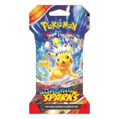 Booster Pack Surging Sparks à manches avec le Pokémon SV08, graphismes colorés et design vibrant pour les collectionneurs.