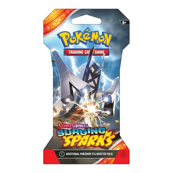 Booster Pack Surging Sparks à manches avec le jeu de cartes à collectionner Pokémon SV08, parfait pour enrichir votre collection.