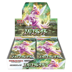 Boîte de boosters Space Juggler mettant en vedette des paquets de JCC Pokémon dans une boîte d'affichage avec des illustrations vibrantes.