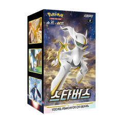 "Star Birth Koreaanse Booster Box met Pokémon-personage en informatie over boosterpakketten, onderdeel van de Brilliant Stars-set."