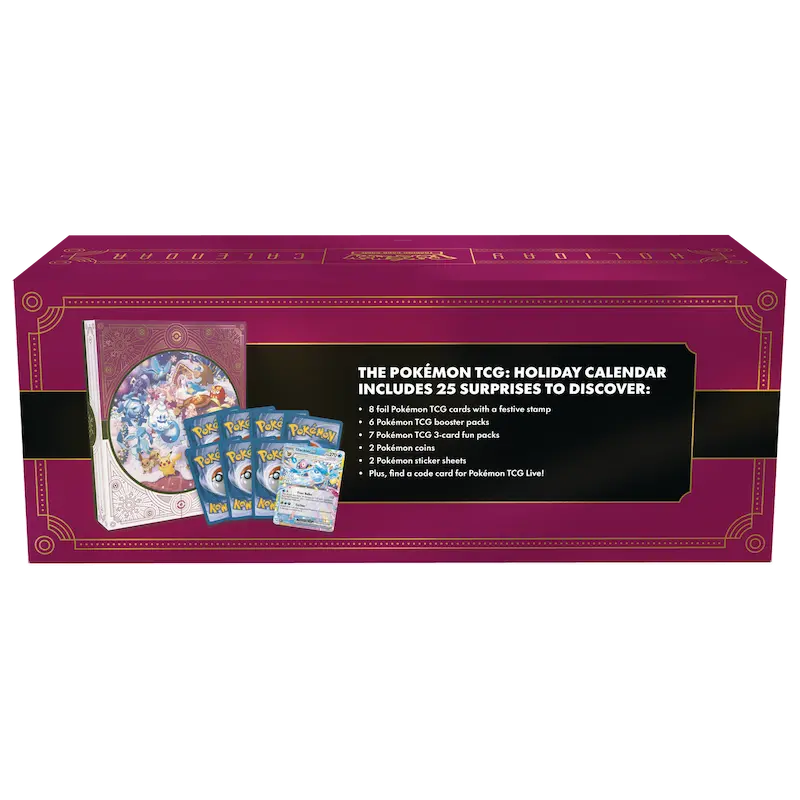 Pokémon TCG 2025 Weihnachts-Adventskalender mit 25 Überraschungen, darunter Karten und Artikel.