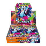Inferno X Booster Box display featuring Pokémon cards, part of the Japanese release with 30 booster packs.
