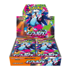 Inferno X Booster Box display featuring Pokémon cards, part of the Japanese release with 30 booster packs.