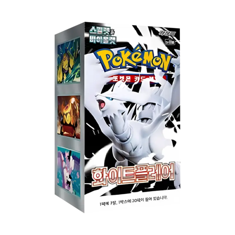 White Flare KR Booster Box featuring Pokémon illustrations and booster packs from Scarlet & Violet SV11W set.