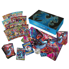 Mega Charizard Ultra Premium Collection featuring promo cards, sleeves, and booster packs.