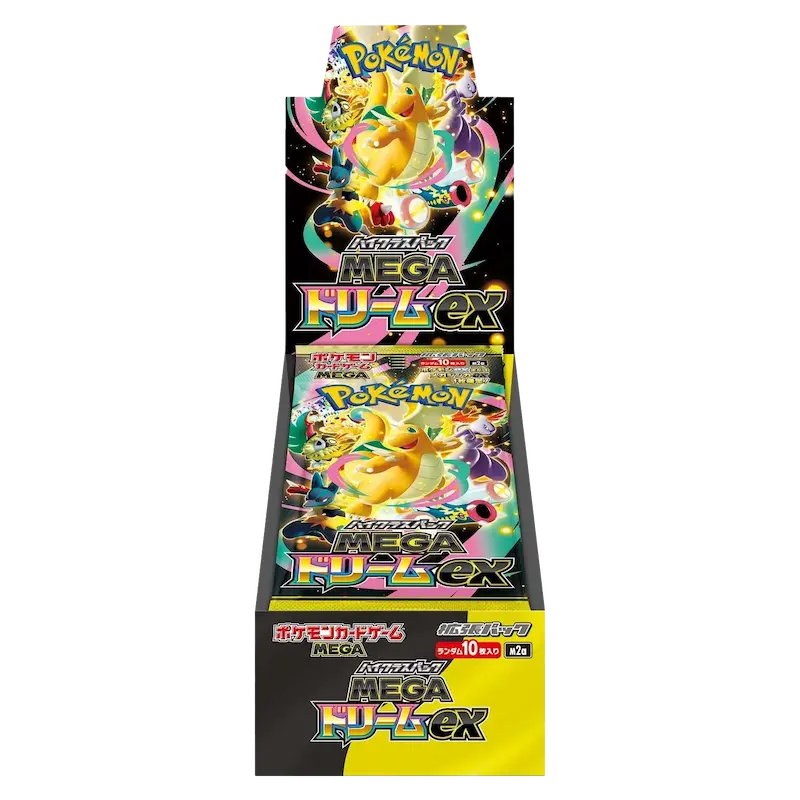 Mega Dream Booster Box (Live-stream) packaging display featuring Pokémon cards and vibrant design.