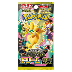 "Mega Dream Booster Box (Live-Stream) mit einem lebendigen Pokémon Mega Dream EX Booster Pack Cover."