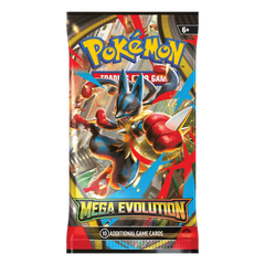 Pokémon Trading Card Game Mega Evolution Booster (Live-stream) pack showcasing Mega Evolution design and characters.