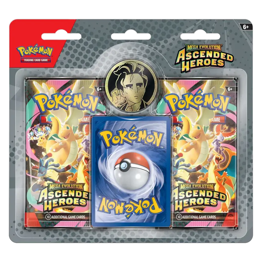 Ascended Heroes 2-Pack Blister featuring Mega Evolution Pokémon cards and a collectible coin.