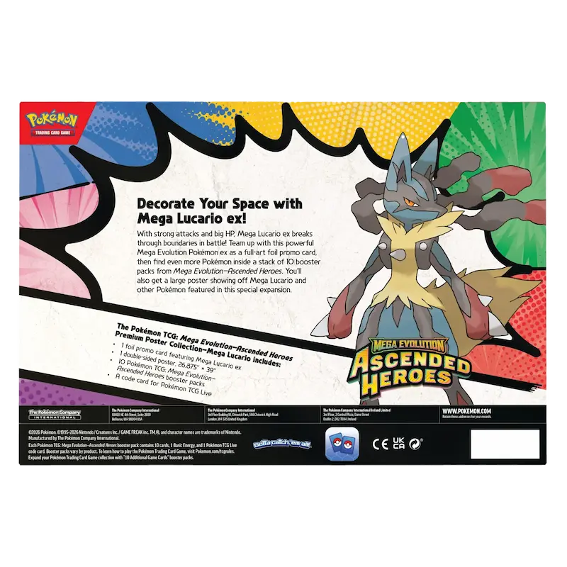 Mega Lucario Poster Collection box featuring Mega Lucario ex and Ascended Heroes design.