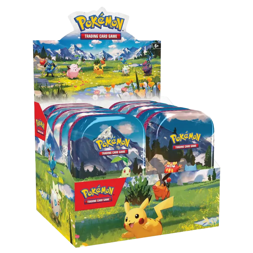 Pokémon Ascended Heroes Mini Tins display featuring booster packs and vibrant art.