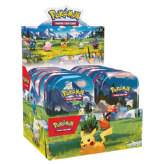 Pokémon Ascended Heroes Mini Tins display featuring booster packs and vibrant art.