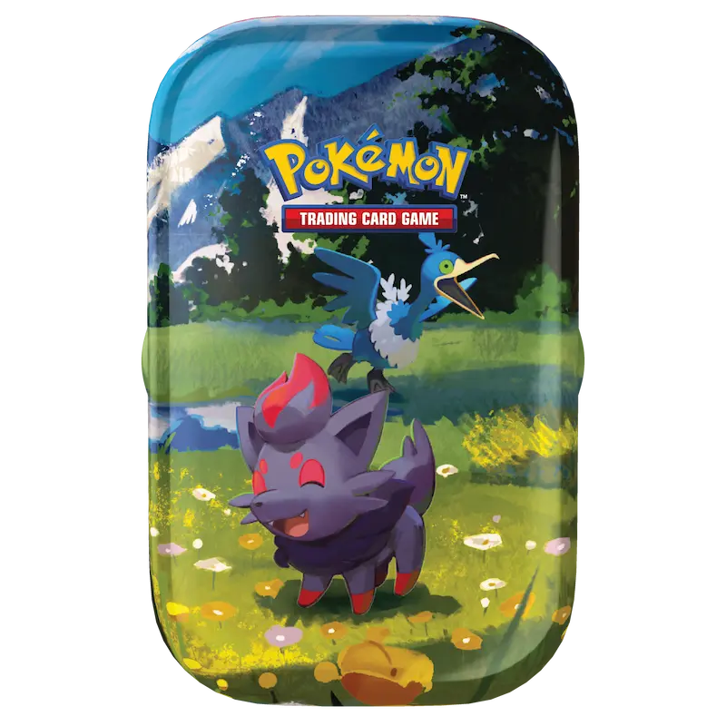 Ascended Heroes Mini Tins featuring Pokémon characters in a scenic landscape with vibrant colors.