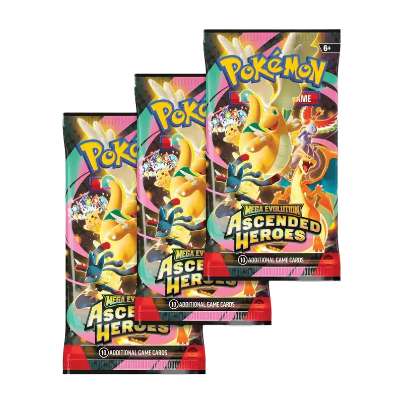 Ascended Heroes Tech Sticker Collection featuring 3 Pokémon booster packs from the Mega Evolution era.