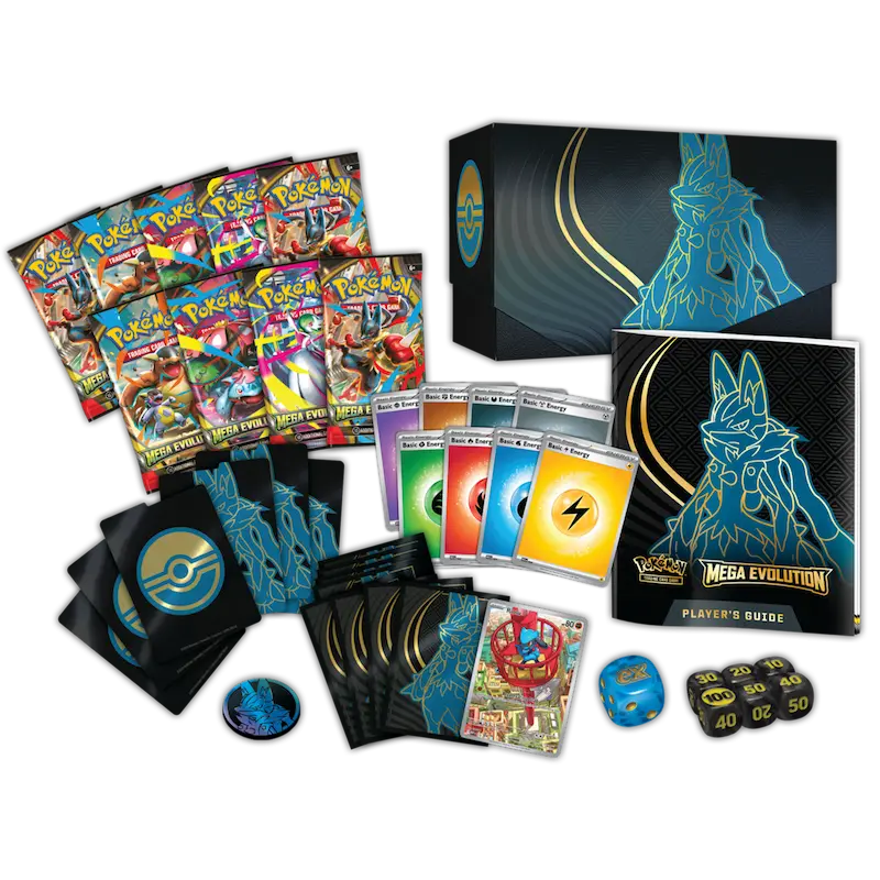 Évolution Révélatrice Lucario (en direct) comprenant des boosters, une carte promo, un guide du joueur, et plus encore.