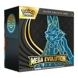 Mega Evolution ETB Lucario (En direct) présentant une conception de boîte d'entraîneur d'élite avec des graphismes de Lucario.