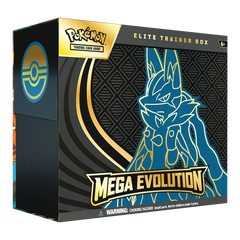 Mega Evolution ETB Lucario (En direct) présentant une conception de boîte d'entraîneur d'élite avec des graphismes de Lucario.