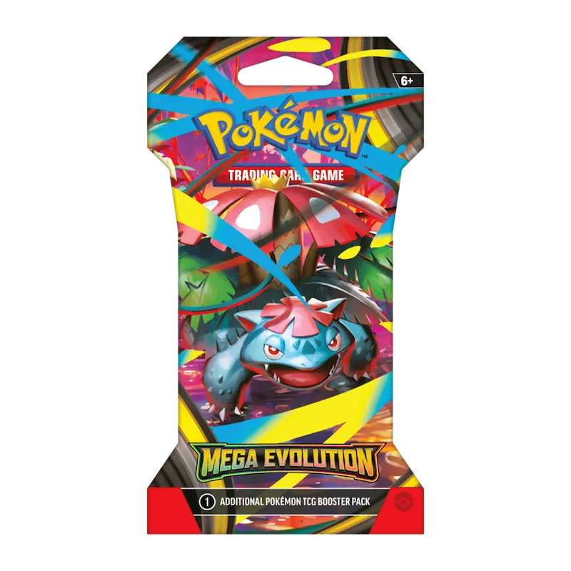 Mega Evolution Sleeved Booster (Live-stream) featuring Pokémon Trading Card Game packaging with Mega Venusaur.