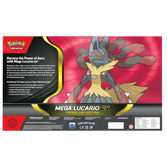 Mega Lucario Figure Collection box displaying Mega Lucario ex and featuring details about the collection.