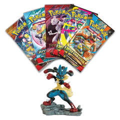 Mega Lucario Figure Collection with Mega Lucario figure and five Pokémon TCG booster packs.