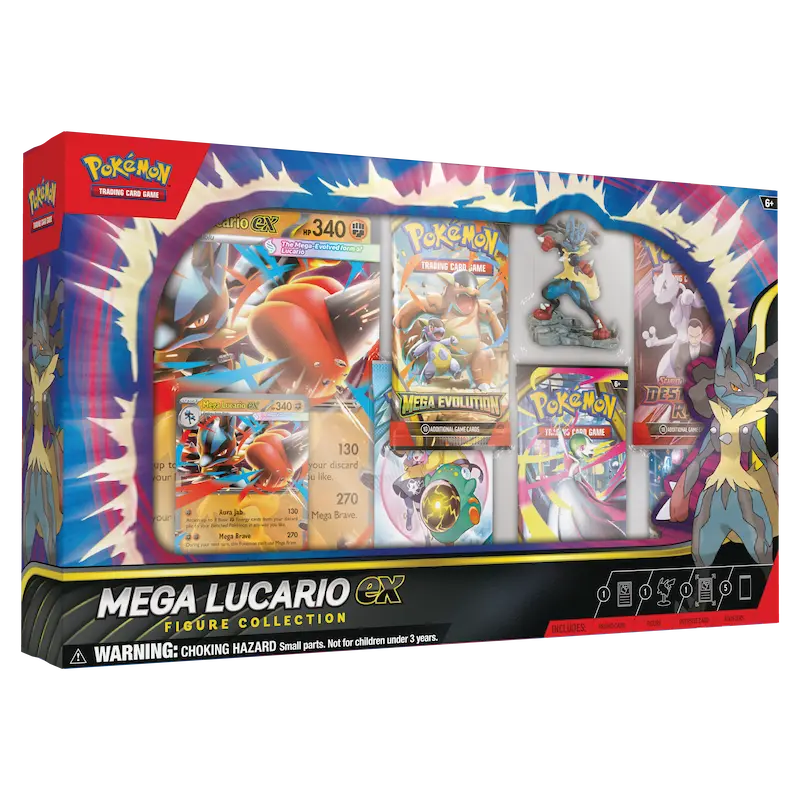 Mega Lucario Figure Collection featuring cards, figure, and booster packs for Pokémon fans.