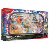 Mega Lucario Figure Collection featuring cards, figure, and booster packs for Pokémon fans.