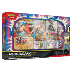Mega Lucario Figure Collection featuring cards, figure, and booster packs for Pokémon fans.