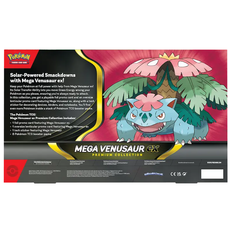 Mega Venusaur ex Premium Collection featuring Mega Venusaur with booster packs and card information.