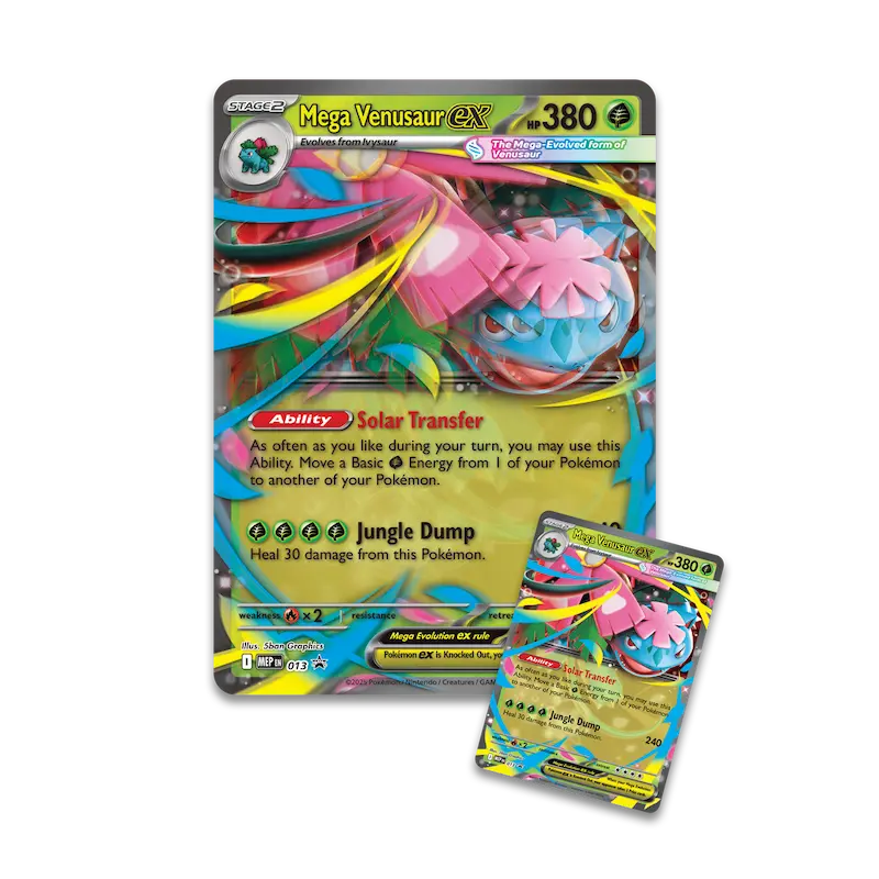 Mega Venusaur ex Premium Collection featuring Mega Venusaur ex card and abilities Solar Transfer and Jungle Dump.