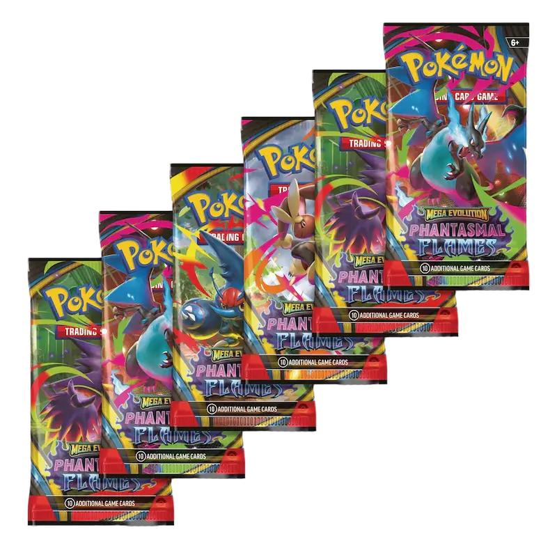 Phantasmal Flames Booster Bundle featuring six booster packs from the Pokémon Mega Evolution series.